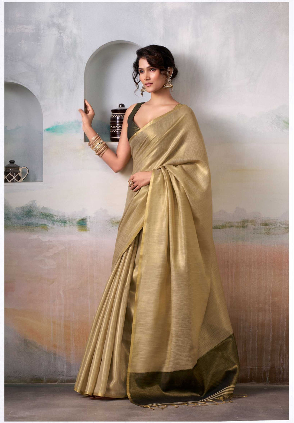 Soft Gold Handloom Tissue Saree with Contrast Blouse