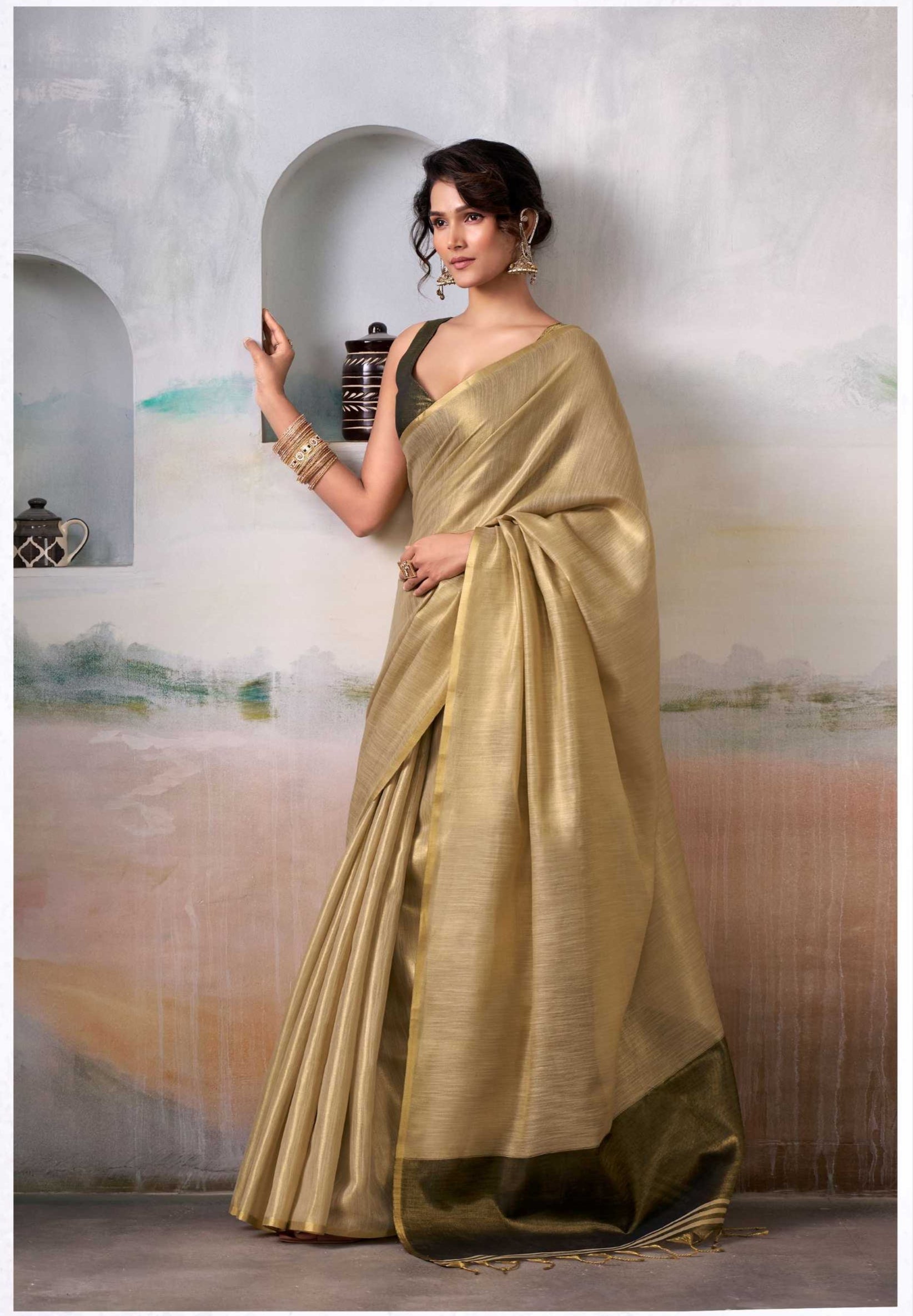 Soft Gold Handloom Tissue Saree with Contrast Blouse