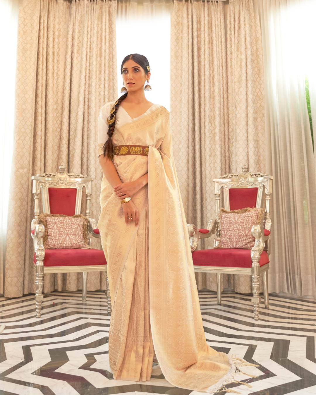 White Banarasi weaving silk sarees