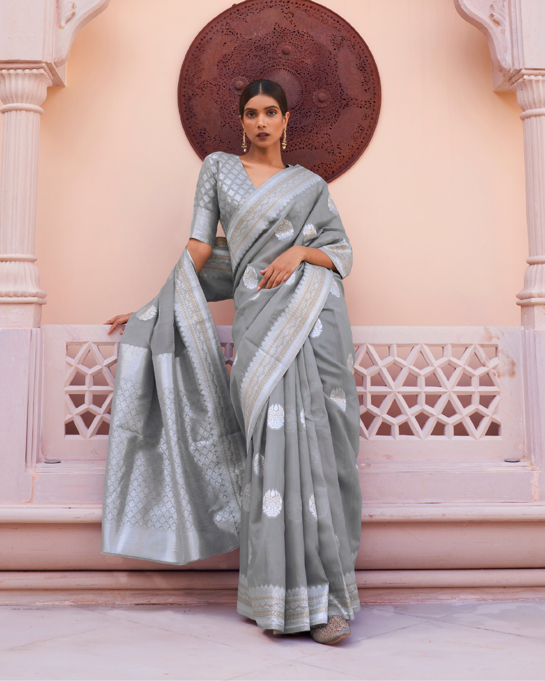 Grey Linen Weaving Sarees