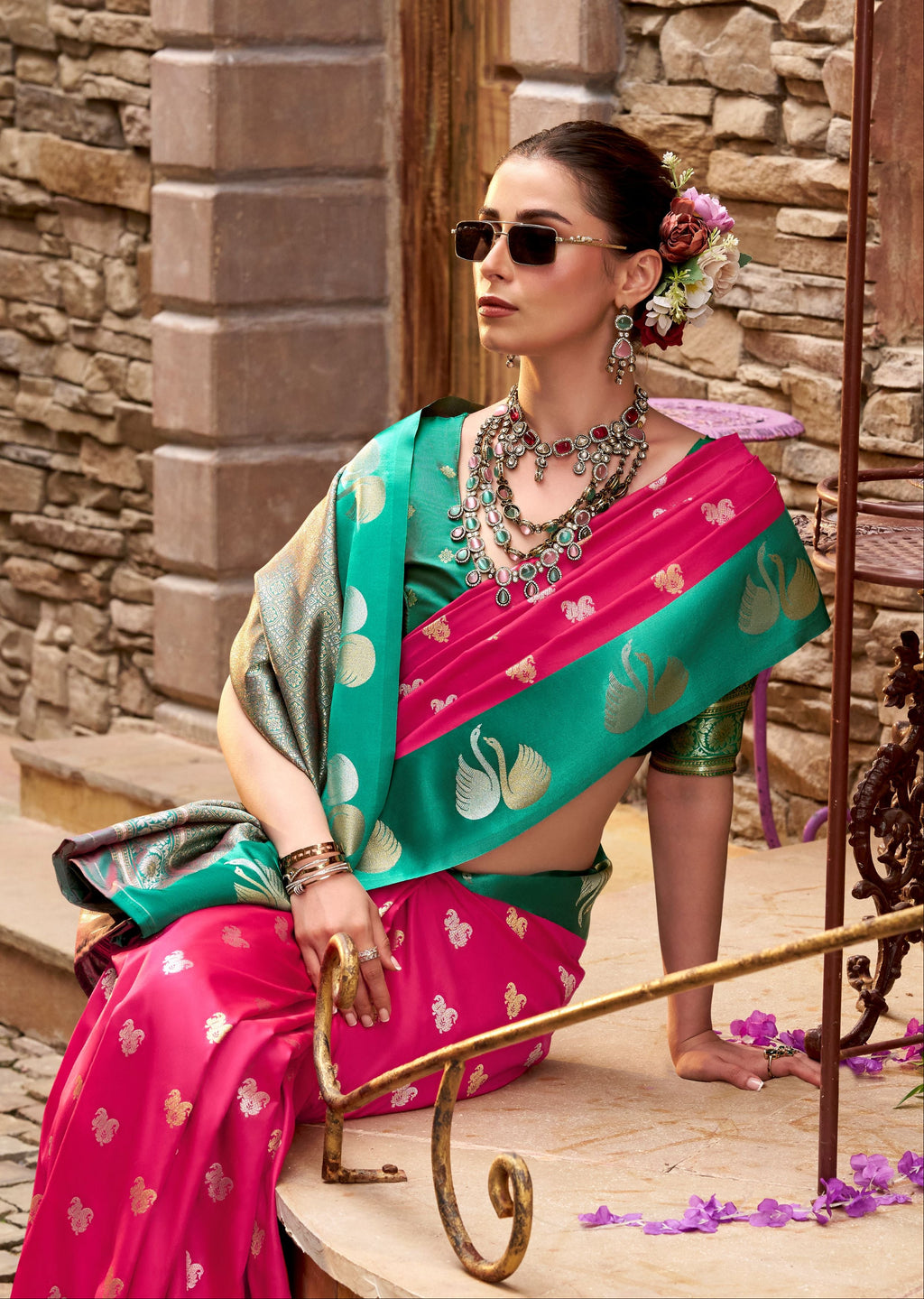 Pink Soft Satin Silk Saree with Green Border