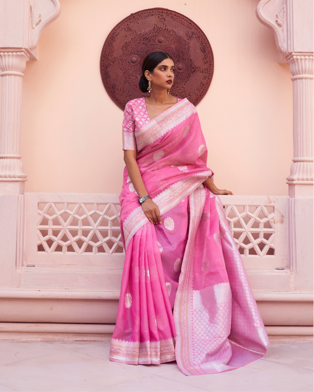 Pink Linen weaving Sarees