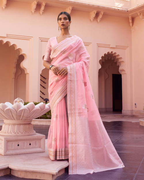 Baby Pink Linen weaving Sarees