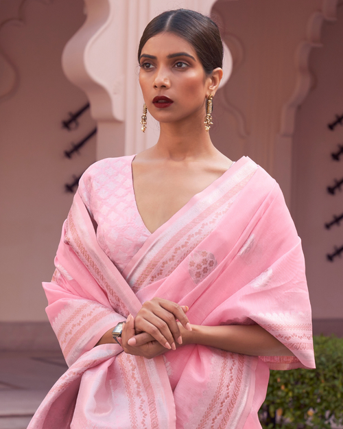 Baby Pink Linen weaving Sarees