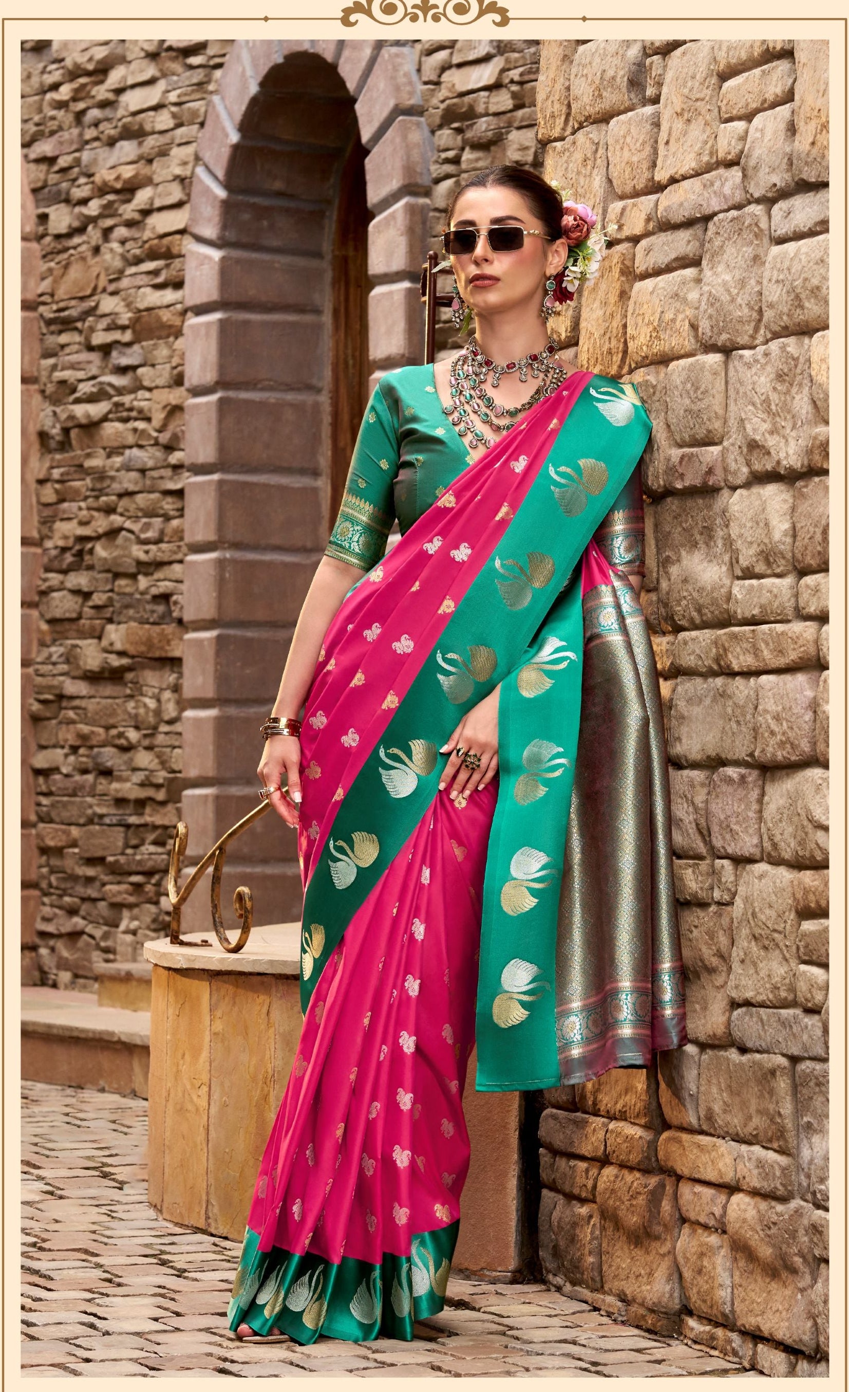 Pink Soft Satin Silk Saree with Green Border