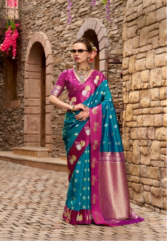 Cobalt Blue Soft Satin Silk Saree with Green Border