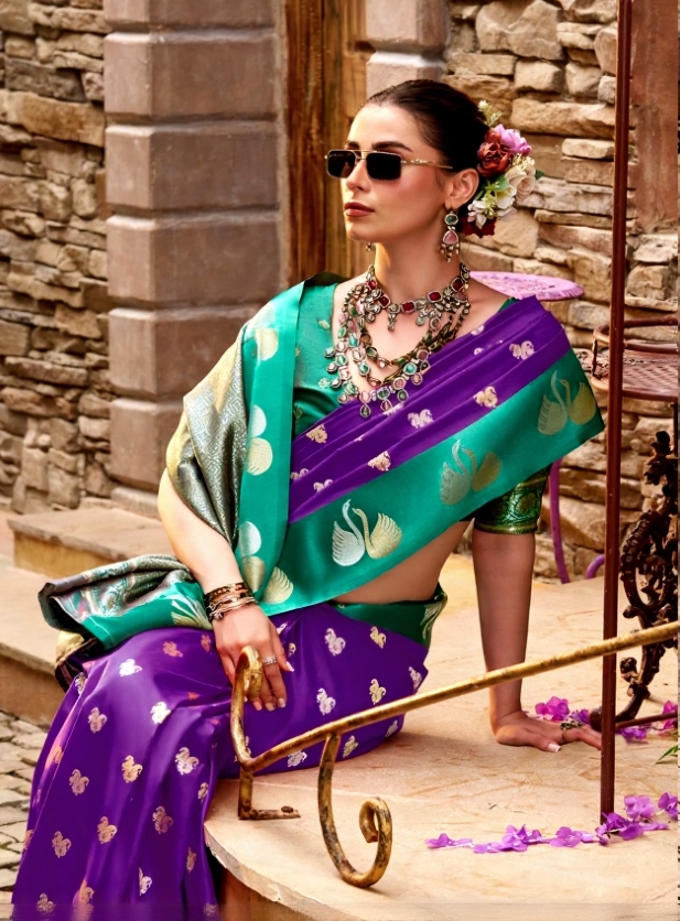 Purple Soft Satin Silk Saree with Green Border