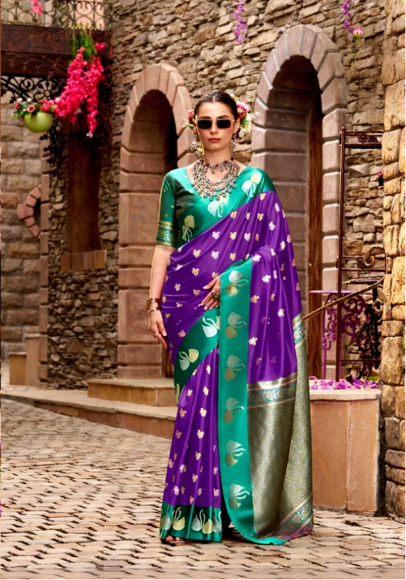 Purple Soft Satin Silk Saree with Green Border