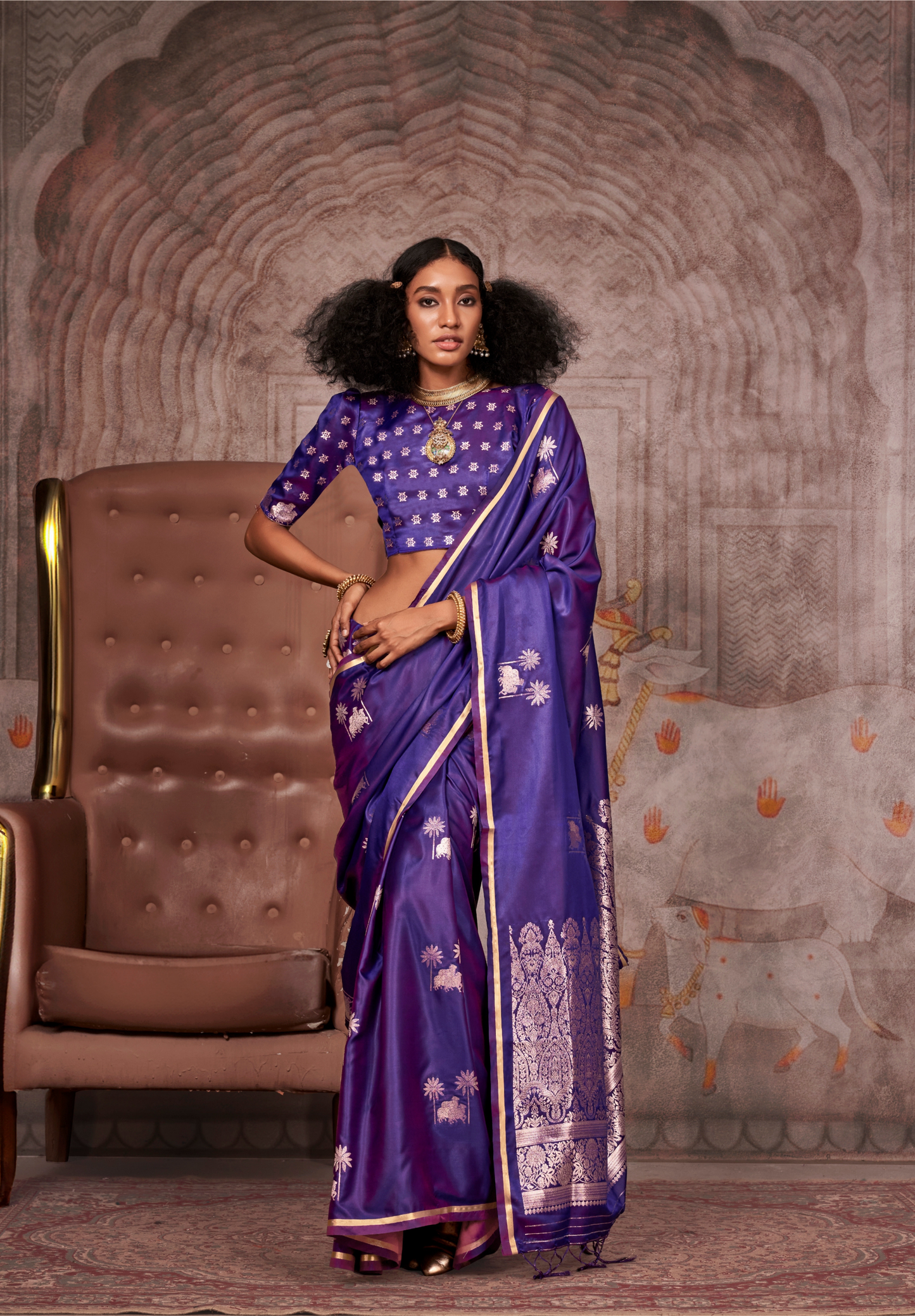 Purple Silk Satin Pichwai Saree