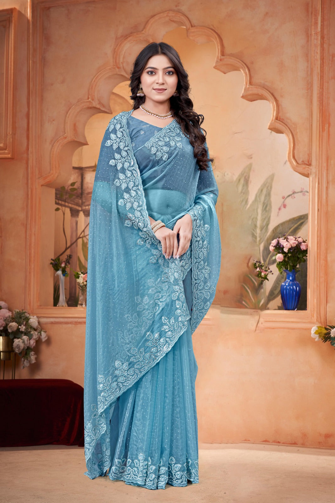 Embroidered crystal blue Saree