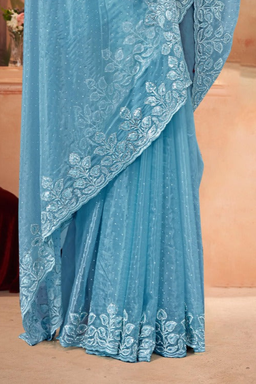 Embroidered crystal blue Saree