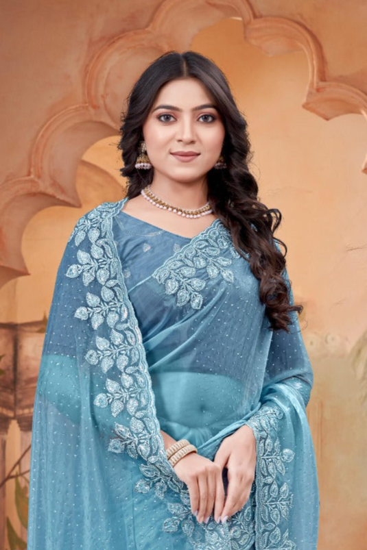 Embroidered crystal blue Saree