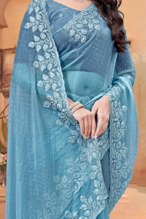 Embroidered crystal blue Saree