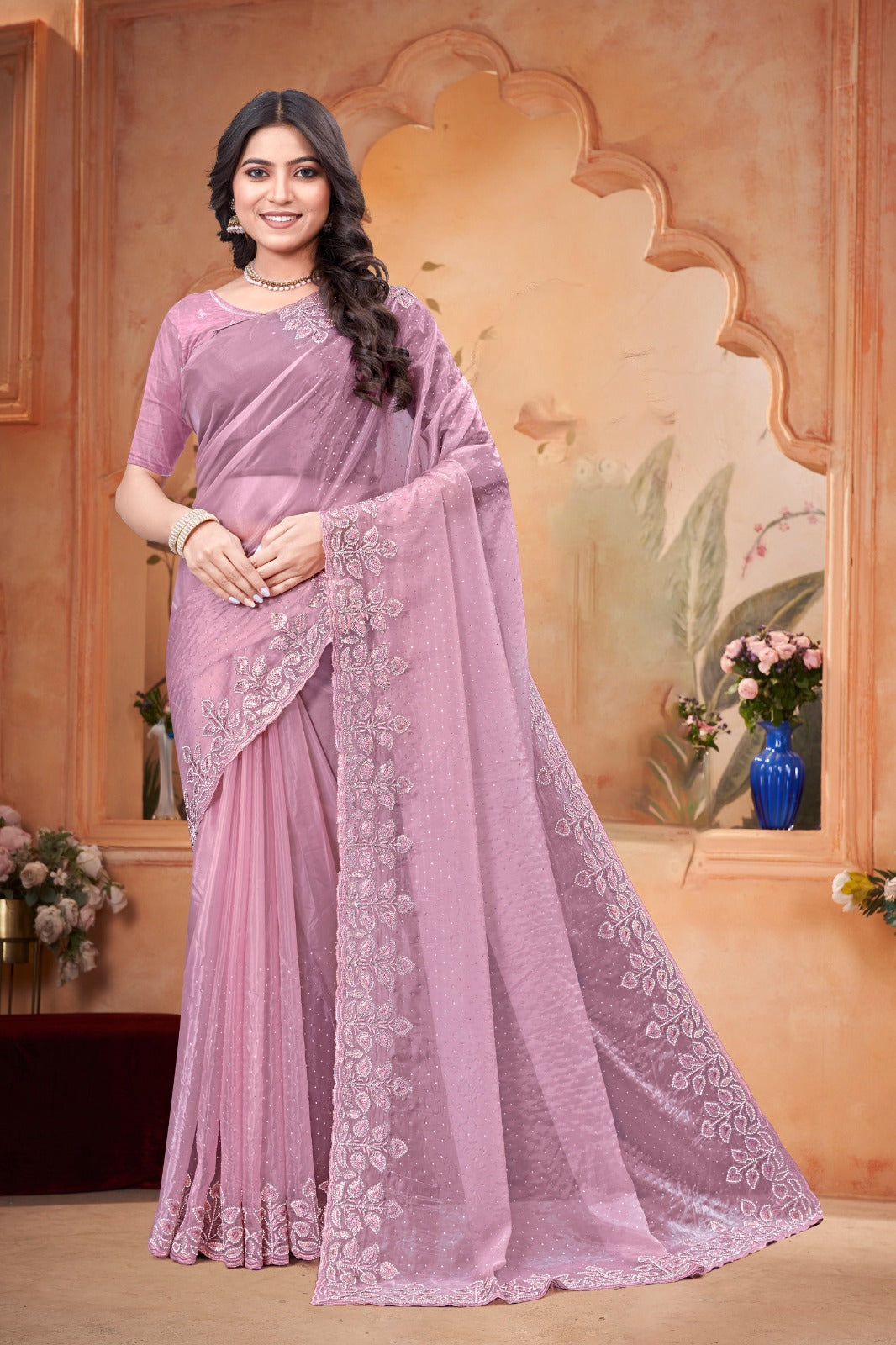 Embroidered crystal pink Saree