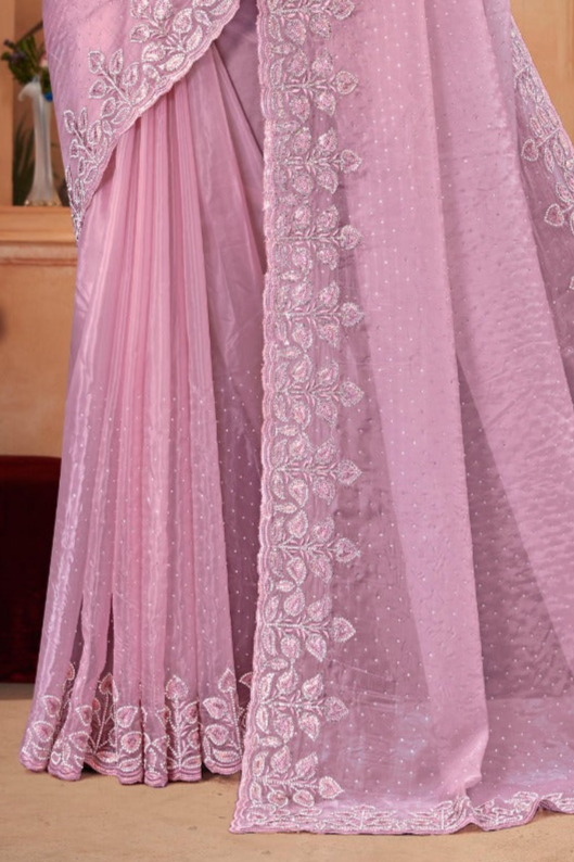 Embroidered crystal pink Saree