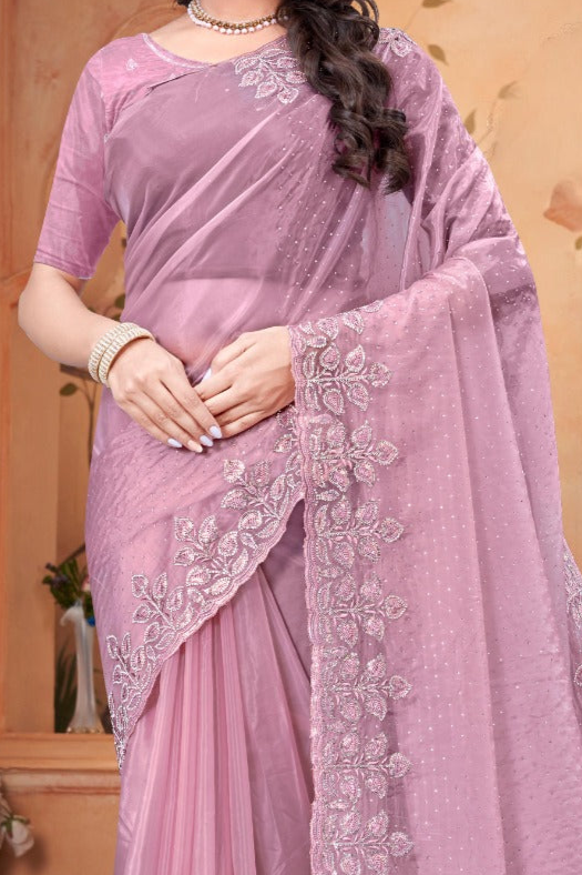 Beautiful Crystal Pink Embroidered Saree