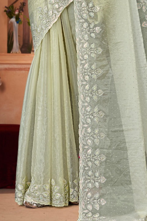 Embroidered crystal light green Saree