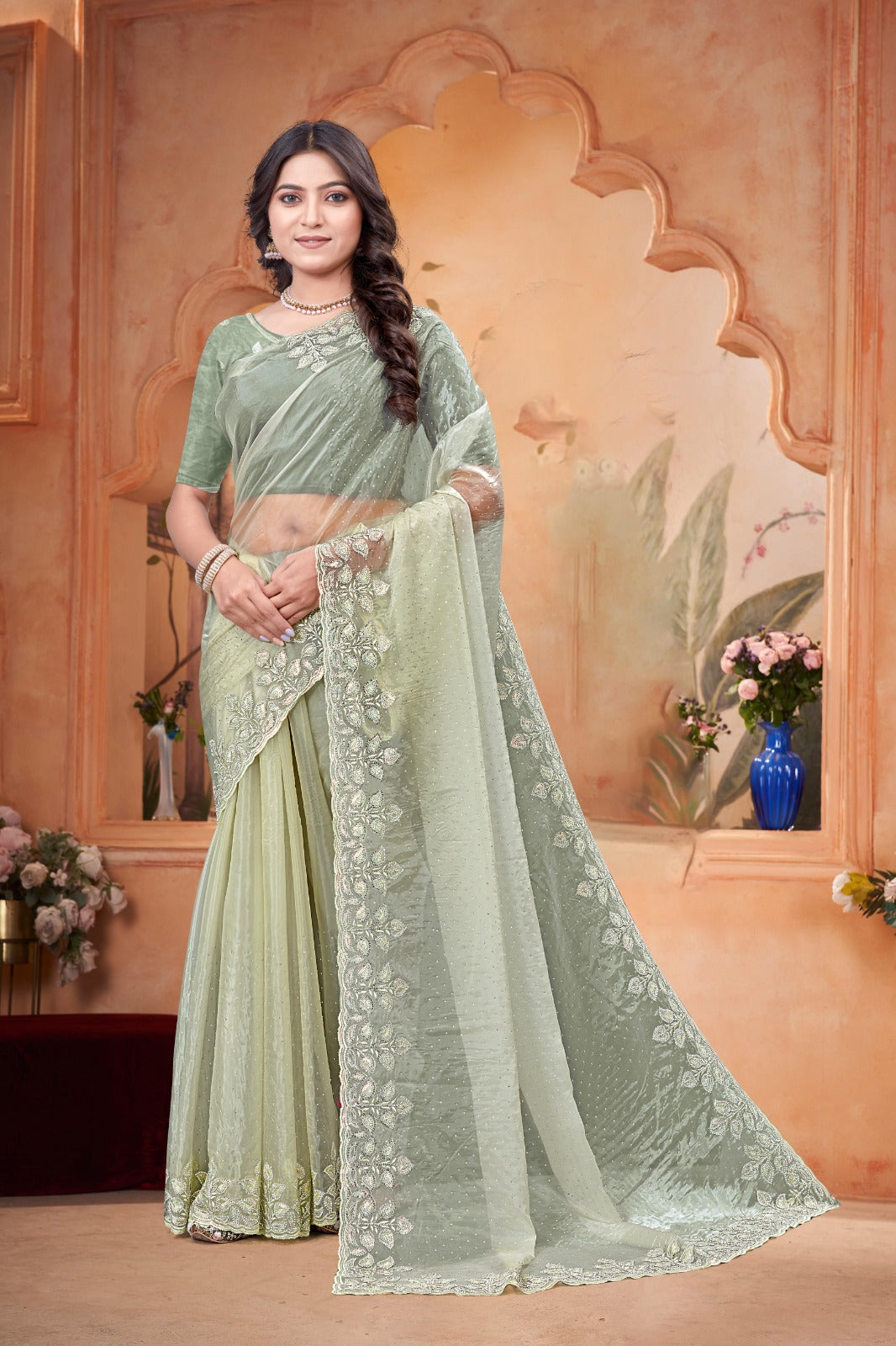 Beautiful Crystal Green Embroidered Saree