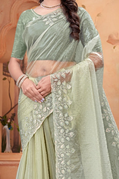 Embroidered crystal light green Saree