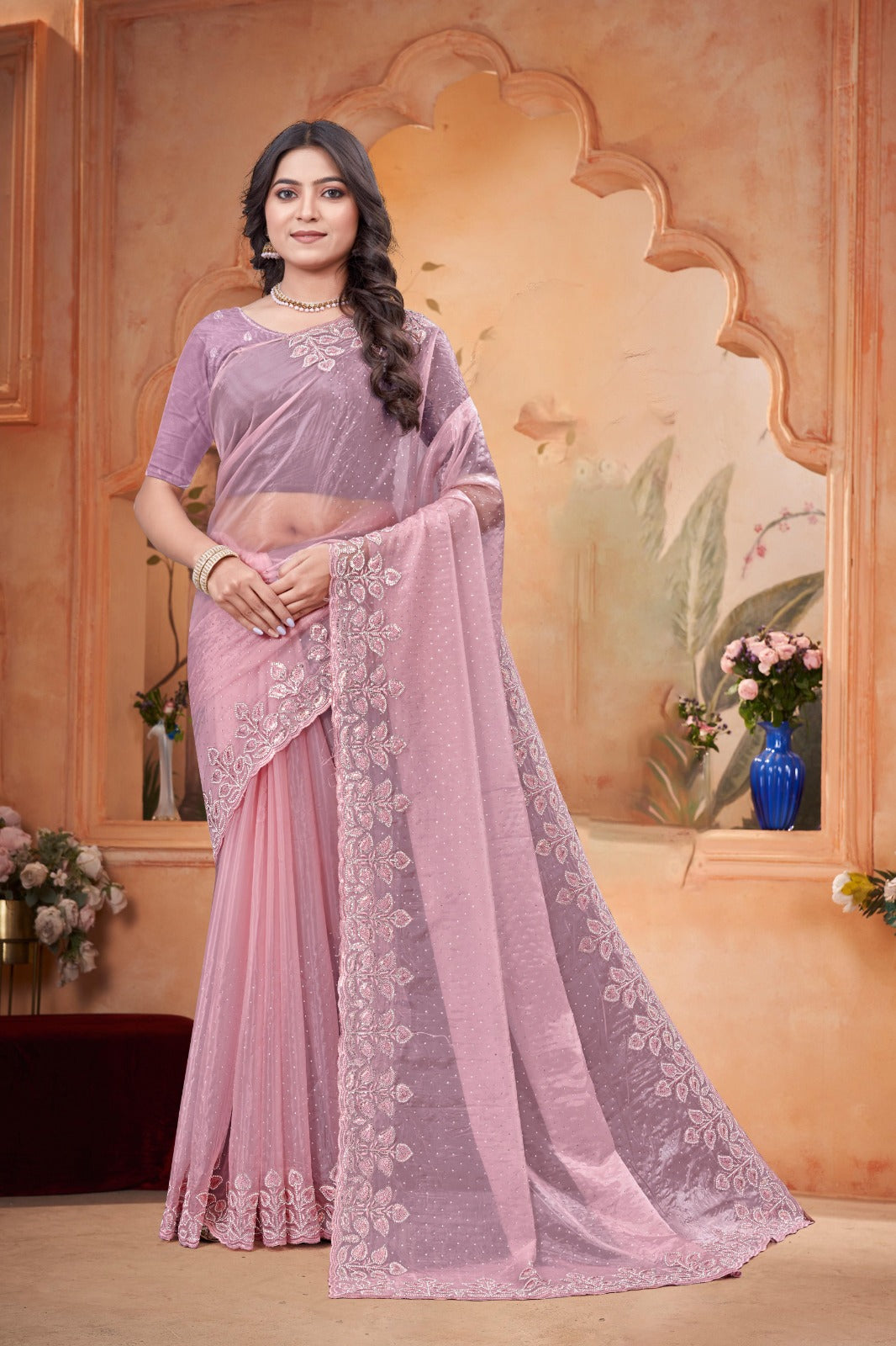 Embroidered crystal light peach Saree