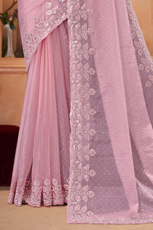 Embroidered crystal light peach Saree