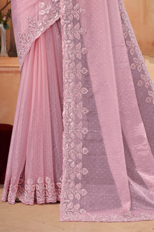 Beautiful Crystal Light Pink Embroidered Saree