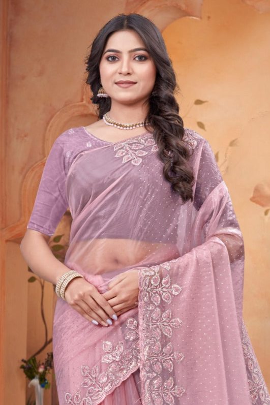 Beautiful Crystal Light Pink Embroidered Saree