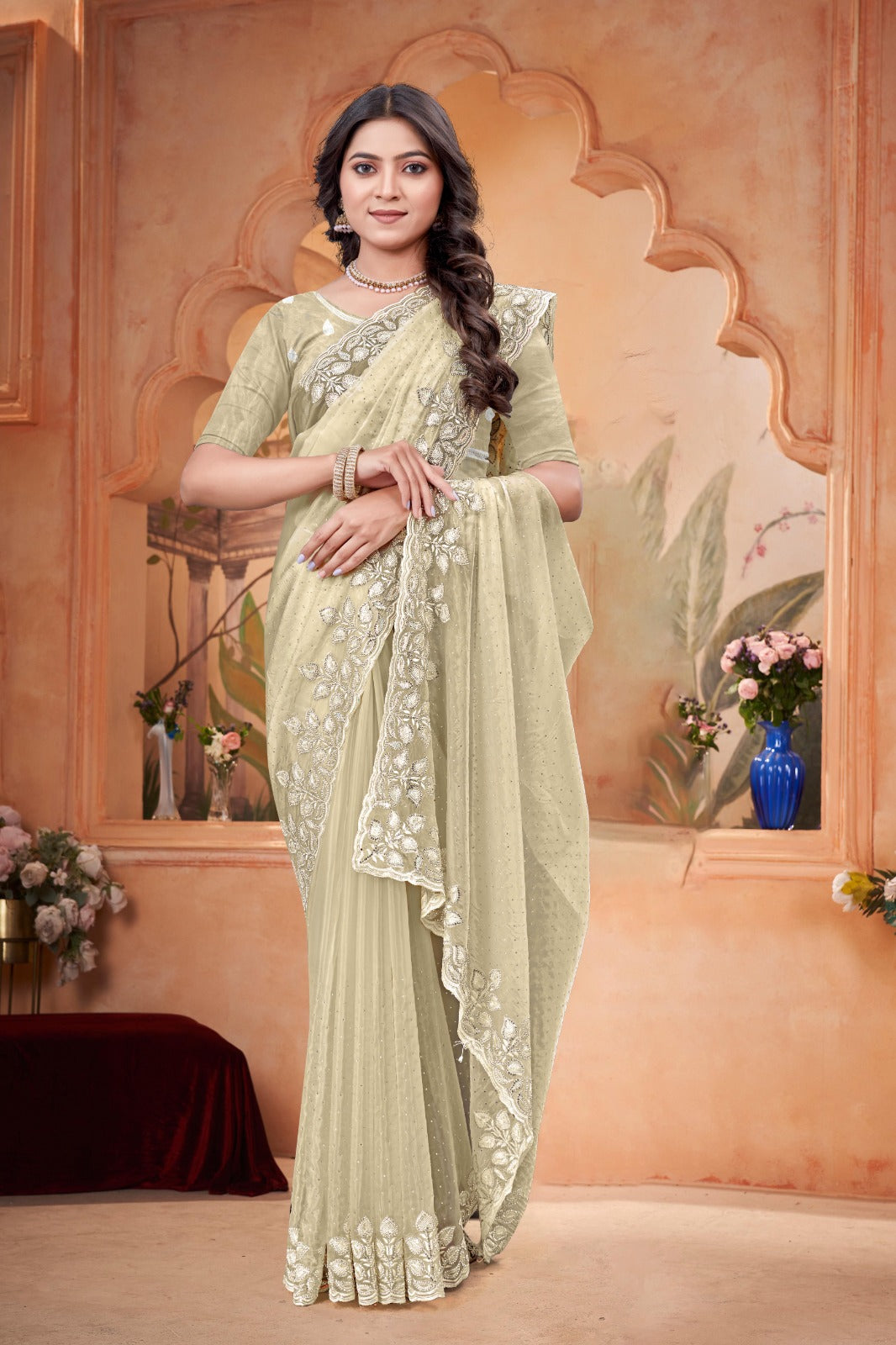 Beautiful Crystal Yellow Embroidered Saree