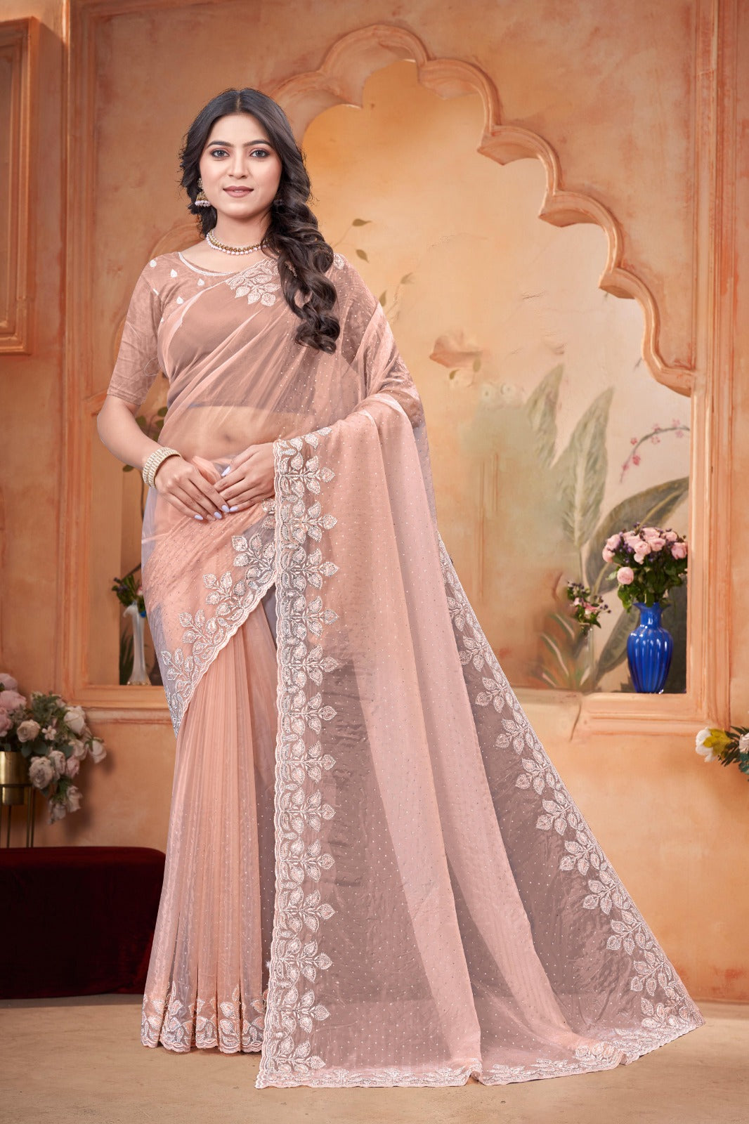 Beautiful Crystal Peach Embroidered Saree