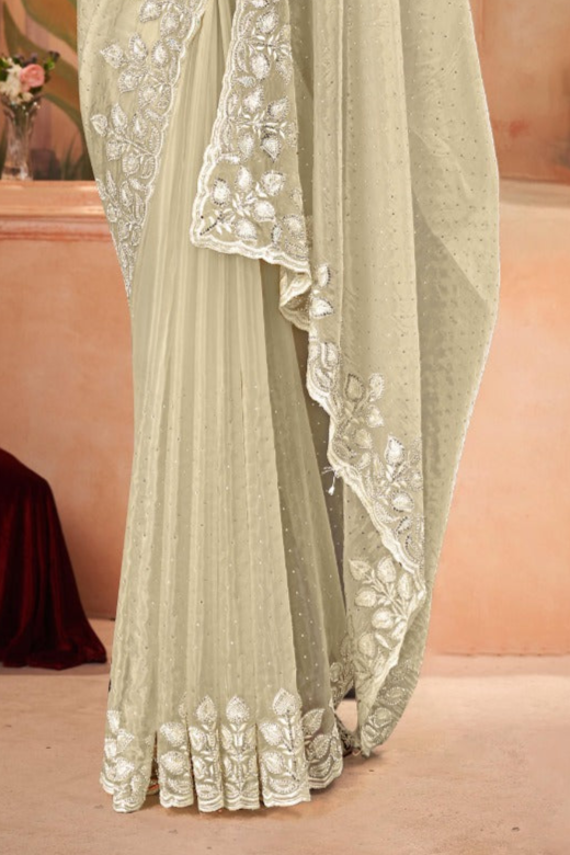 Embroidered crystal light yellow Saree