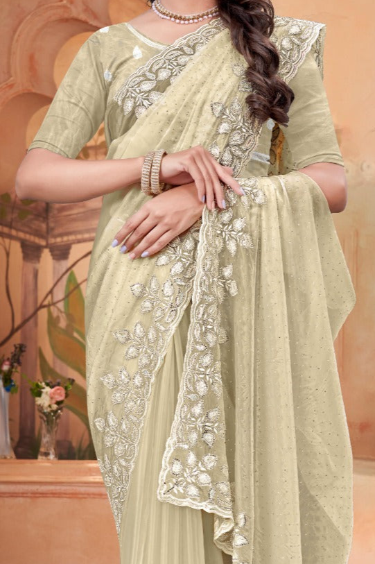 Embroidered crystal light yellow Saree