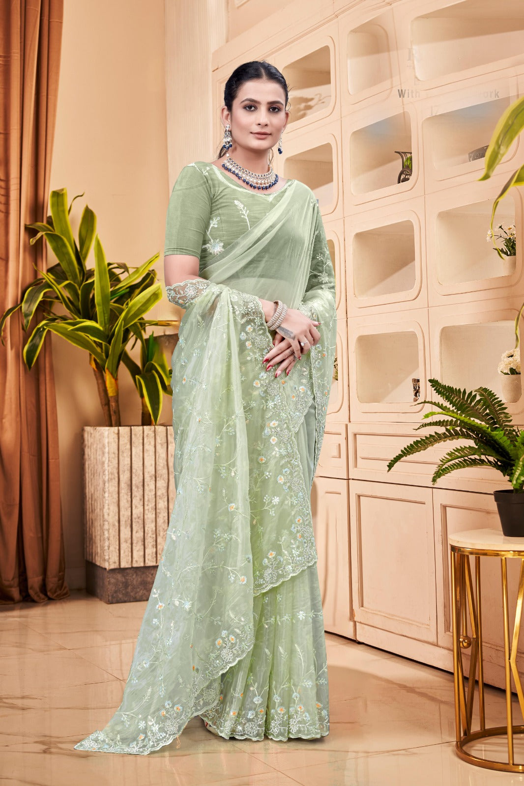 Crystal Light Green Saree