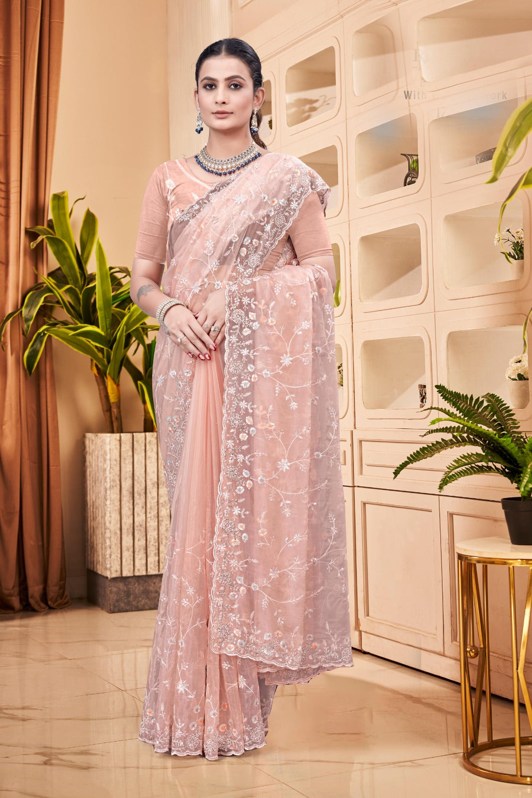 Peach Crystal Saree