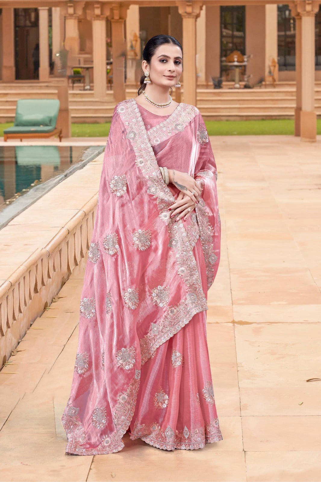 Elegant Pink Burberry Chiffon Saree