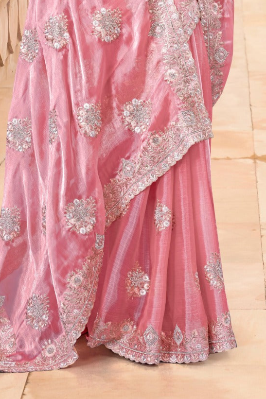 Elegant Pink Burberry Chiffon Saree