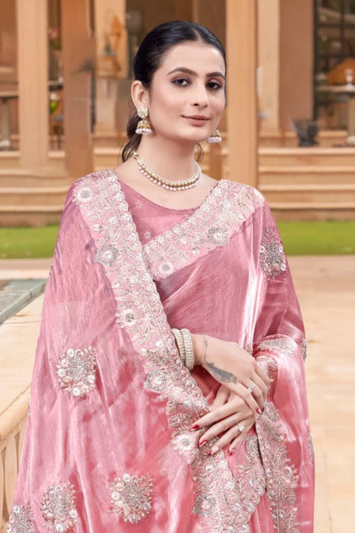 Elegant Pink Burberry Chiffon Saree