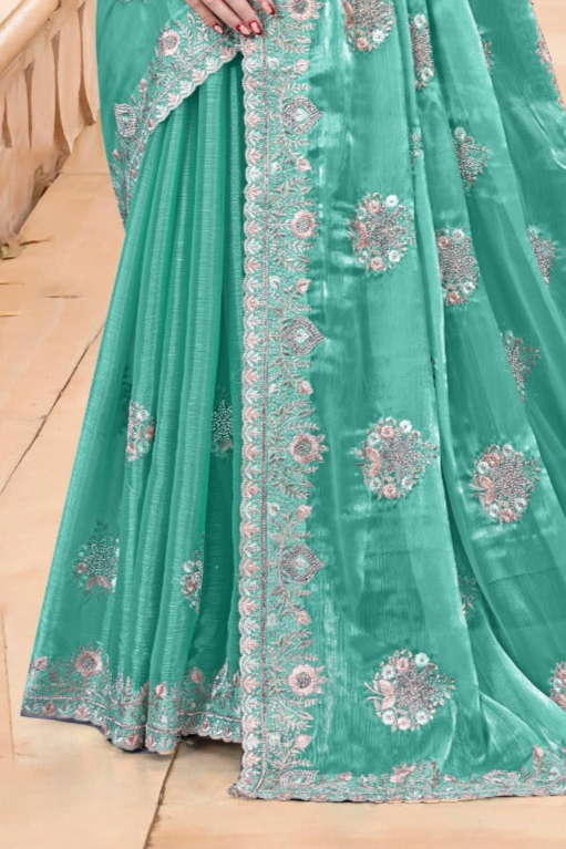 Elegant Turqoise Burberry Chiffon Saree