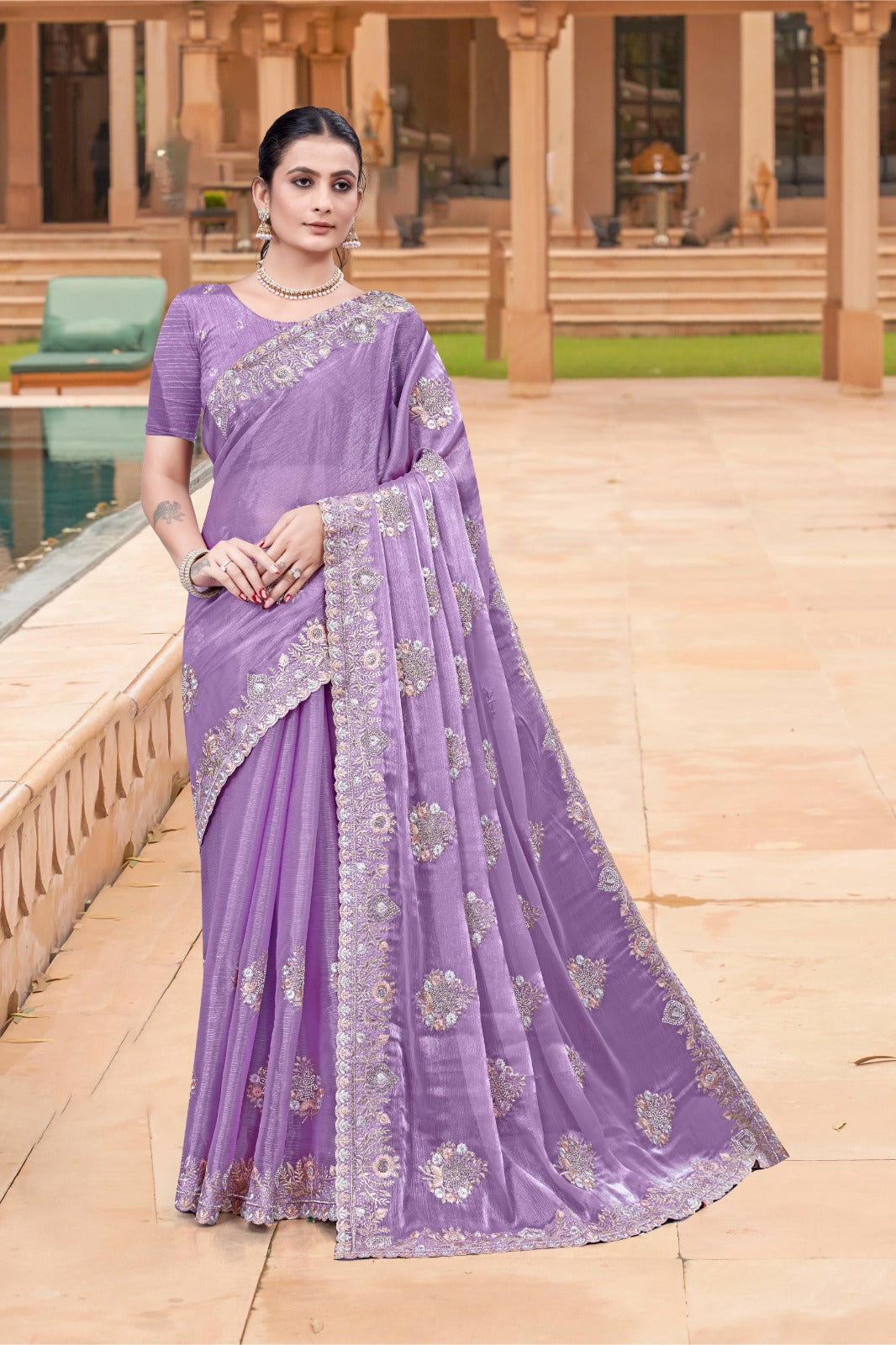 Elegant Purple Burberry Chiffon Saree