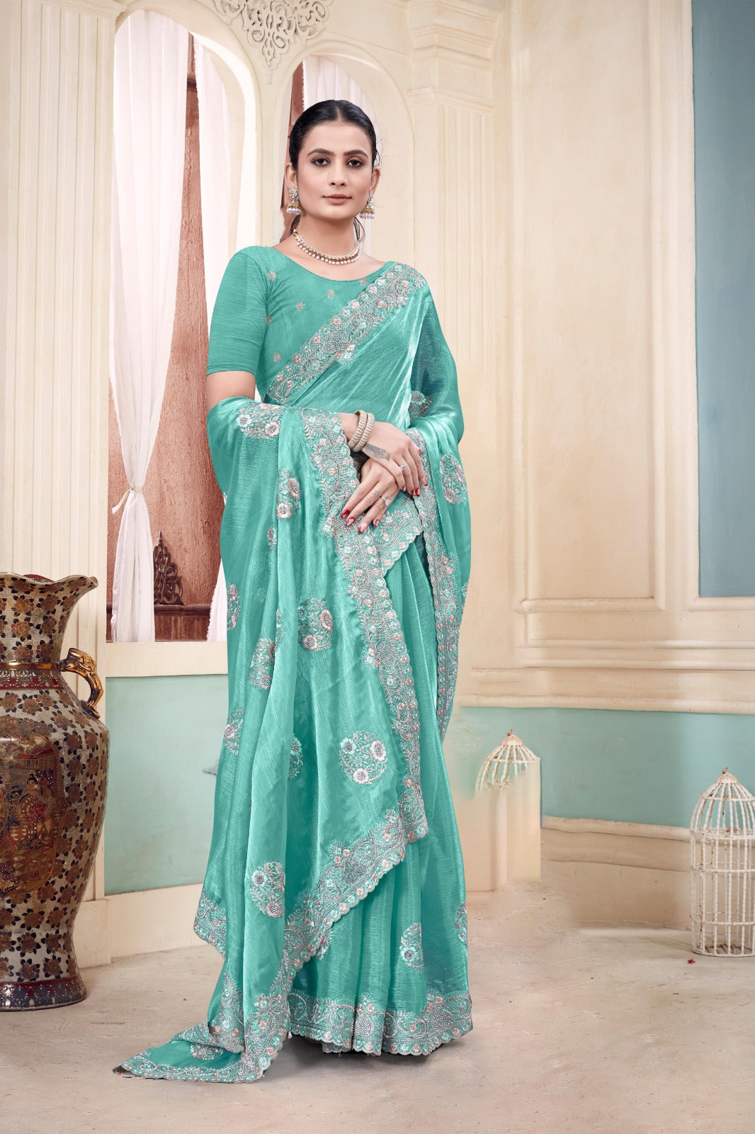 Turquoise Embroidered Burberry Chiffon Saree