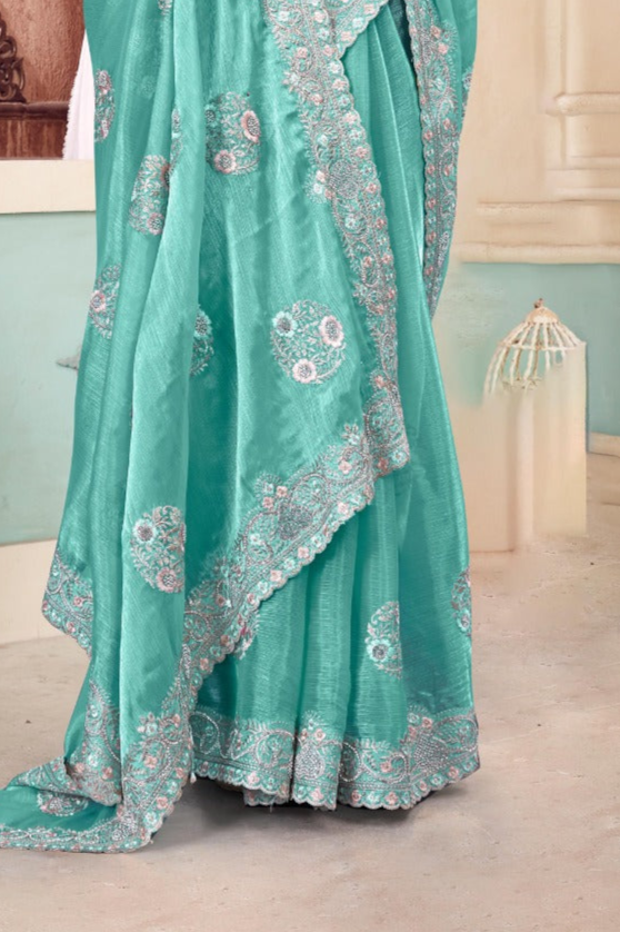 Turquoise Embroidered Burberry Chiffon Saree