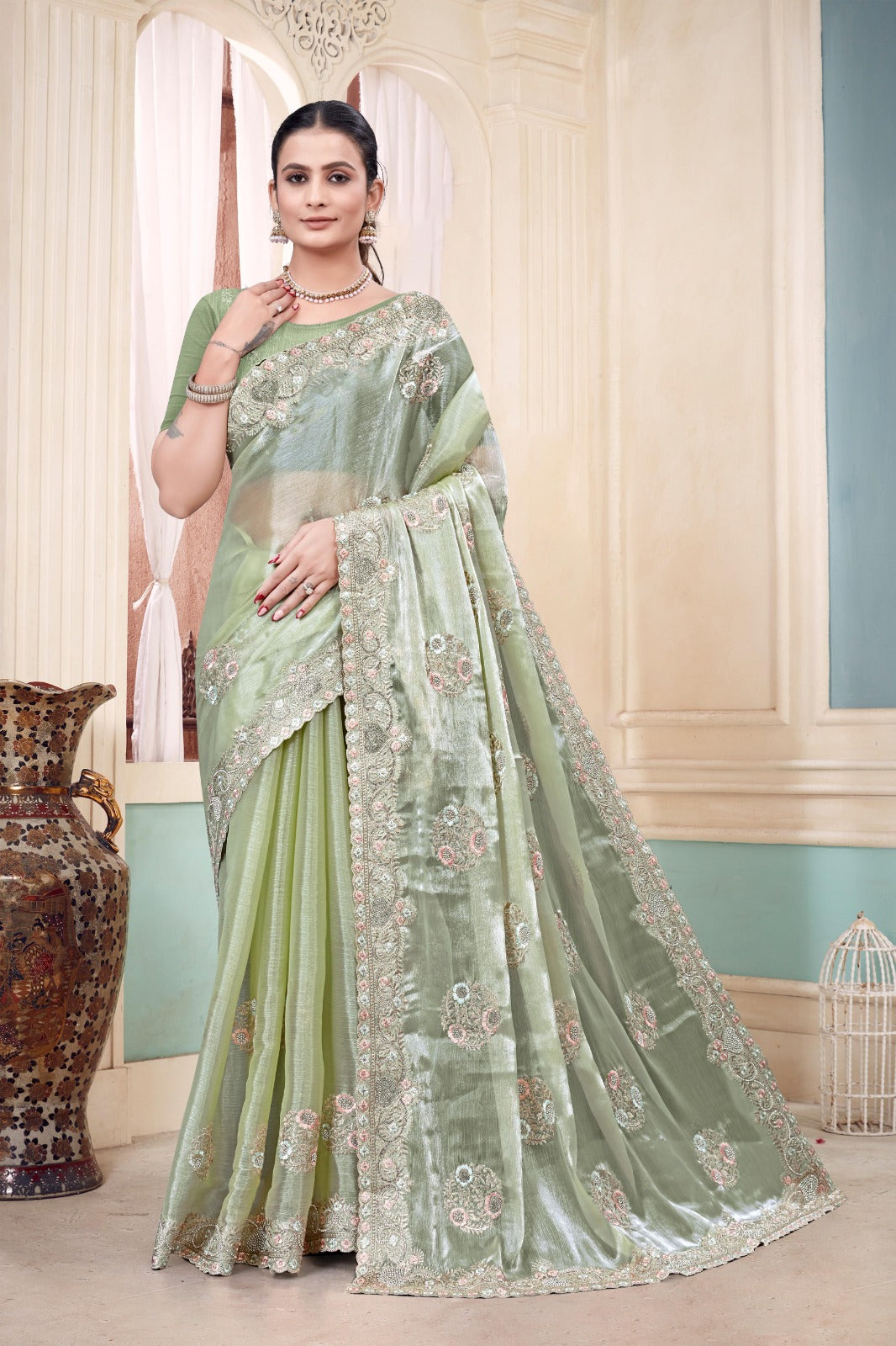 Green Embroidered Burberry Chiffon Saree