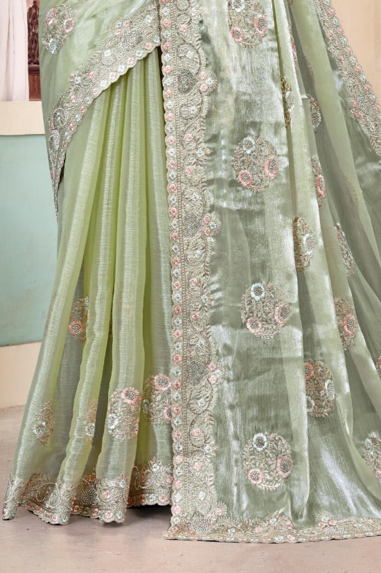 Green Embroidered Burberry Chiffon Saree