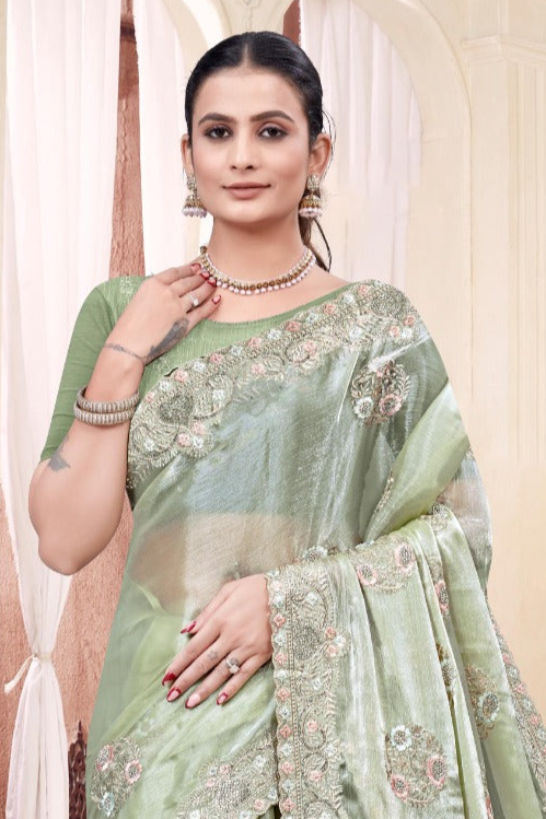 Green Embroidered Burberry Chiffon Saree