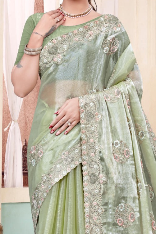 Green Embroidered Burberry Chiffon Saree