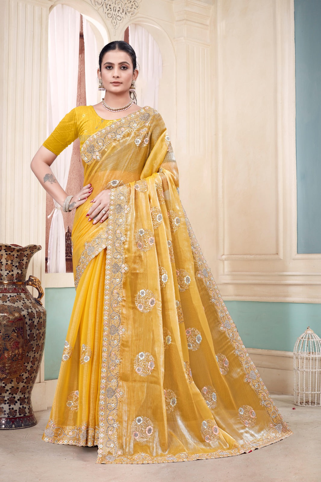 Yellow Embroidered Burberry Chiffon Saree