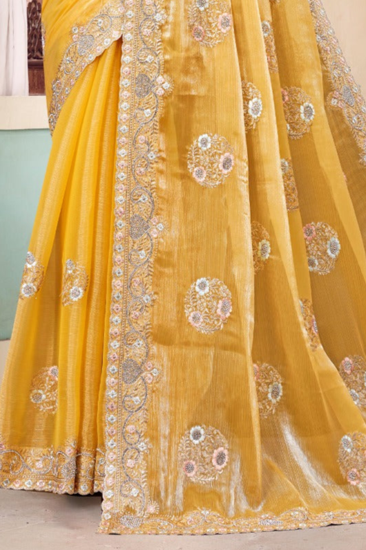 Yellow Embroidered Burberry Chiffon Saree