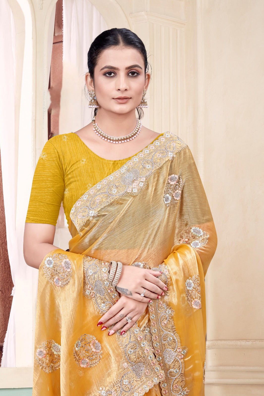 Yellow Embroidered Burberry Chiffon Saree