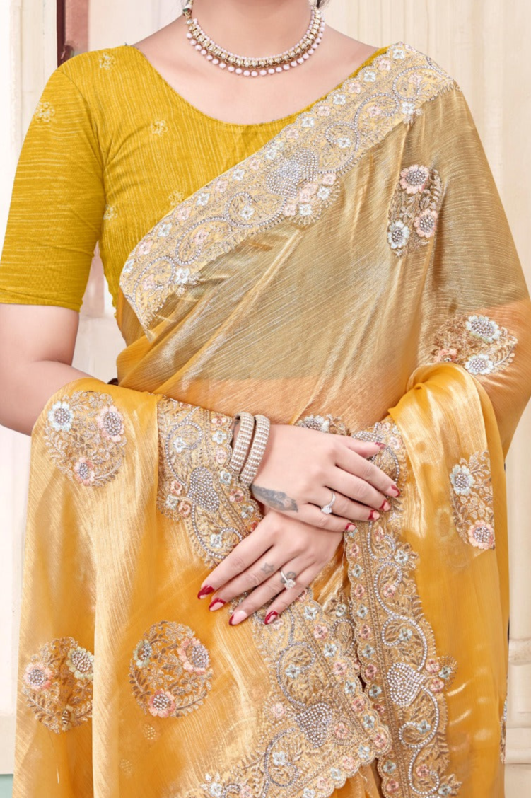 Yellow Embroidered Burberry Chiffon Saree