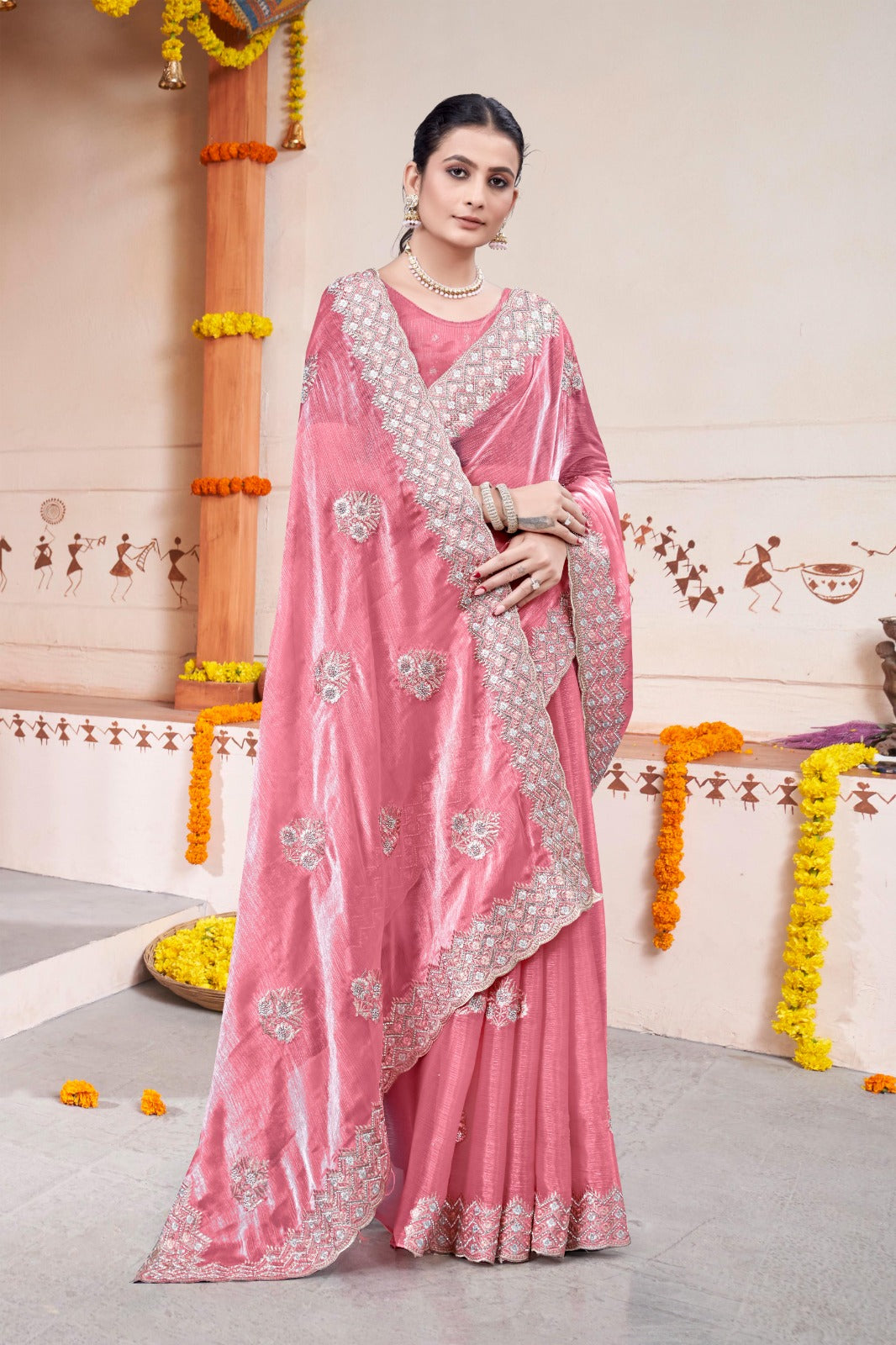 Embroidered Burberry Chiffon Pink Saree