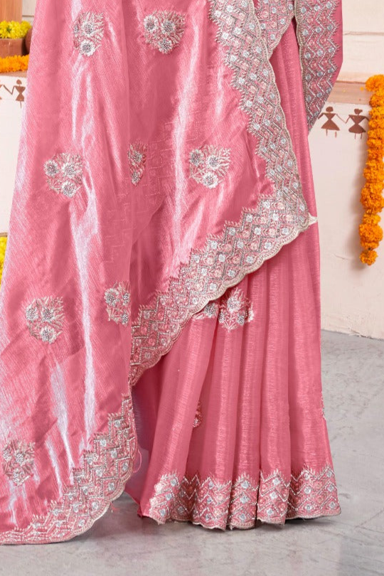 Embroidered Burberry Chiffon Pink Saree